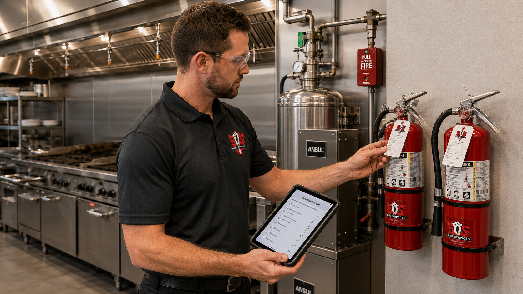 Eye-level view of technician inspecting kitchen fire suppression system control panel
