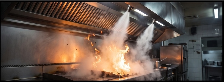 Close-up view of kitchen fire suppression system nozzles above cooking equipment